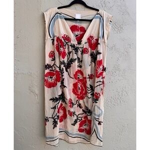 Anna Sui Cream Poppy Floral Sheer Sleeveless Shift Dress SMALL Designer Boho